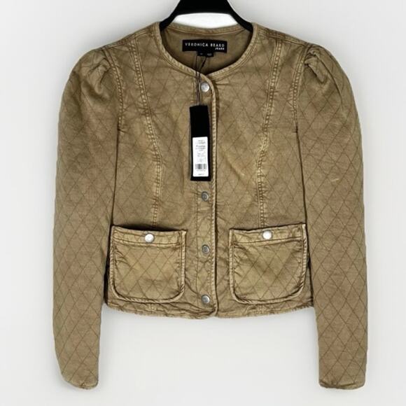 New  Veronica Beard Camilla Quilted Jacket Tan Sierra  XS  Puff Sleeve - Picture 3 of 12